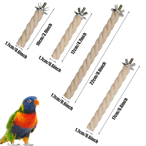 Image of Woohome Bird Perch, 4 PCS Natural Wood Perches, Wooden Bird Parrot Stand in The Shape of a Twist Cage Perch Accessories for Small Birds Budgies Cockatiels Conure Lovebirds