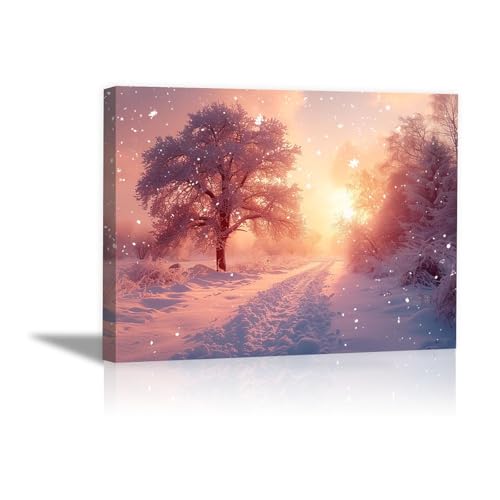Affiche moderne toile paysage forêt enneigée peinture murale de qualité rose dorée
