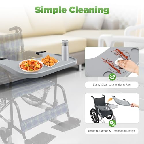 Tavolino per sedia a rotelle con portabicchieri, altezza regolabile, design universale rimovibile, capacità 20 kg, ideale per anziani e disabili