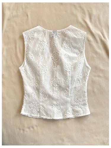 SweatyRocks Women's Eyelet Embroidery V Neck Button Down Vest Top Sleeveless Casual Dressy Blouse2