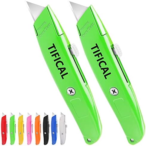 TIFICAL 2-Pack Box Cutter Utility Knife, Aluminum Alloy Box Cutter Retractable, 3-Position Box Knife Paper Knife Perfect for Home, Office Use, Heavy Duty Razor Knife, Green