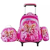 Mochila escolar de rodinhas com LED, kit 3 peças com mochila. lancheira forrada e estojo, para meninos e meninas de 6 a 12 anos (3 PRINCESAS)