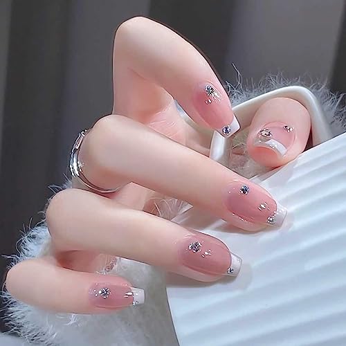 RikView Pink Press on Nails Medium Fake Nails with Rhinestones Coffin Acrylic Nails White Glossy Full Cover Nails