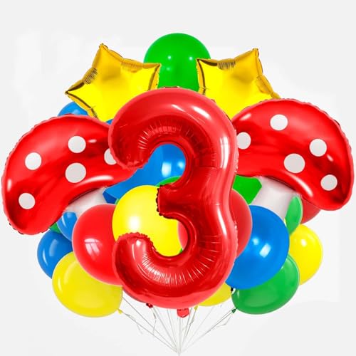 Balões de cogumelo, 21 peças balões de aniversário coloridos, balão de aniversário de 3 anos, balão de alumínio infantil, balão de látex em forma de cogumelo estrela, vermelhos, azuis, amarelos e