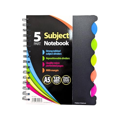 A4 / A5 5-Part Subject Notebook with Strong Repositionable Tabbed Dividers Micro-Perforated Feint Ruled Pages with Margin 70 gsm Paper - Available in Packs of 1 3 or 5 - Ideal for School Office Home