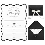 MotiMind 50 Set Minimalism Wedding Invitation Cards with Envelopes Ribbon Bow Black and White Wedding Invitations Kit Include 5x7 Inch Invitation Cards White Ribbon for Engagement Celebration Party