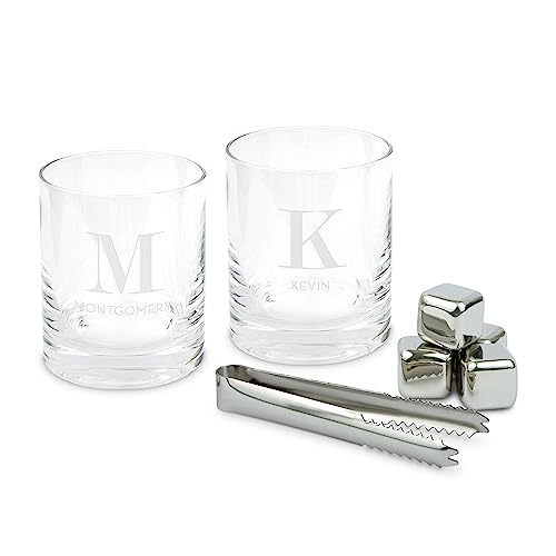 WEDDINGSTAR Custom Engraved Round 11 Oz. Whiskey Glass Gift Set with Whiskey Stones - Modern Serif Initial