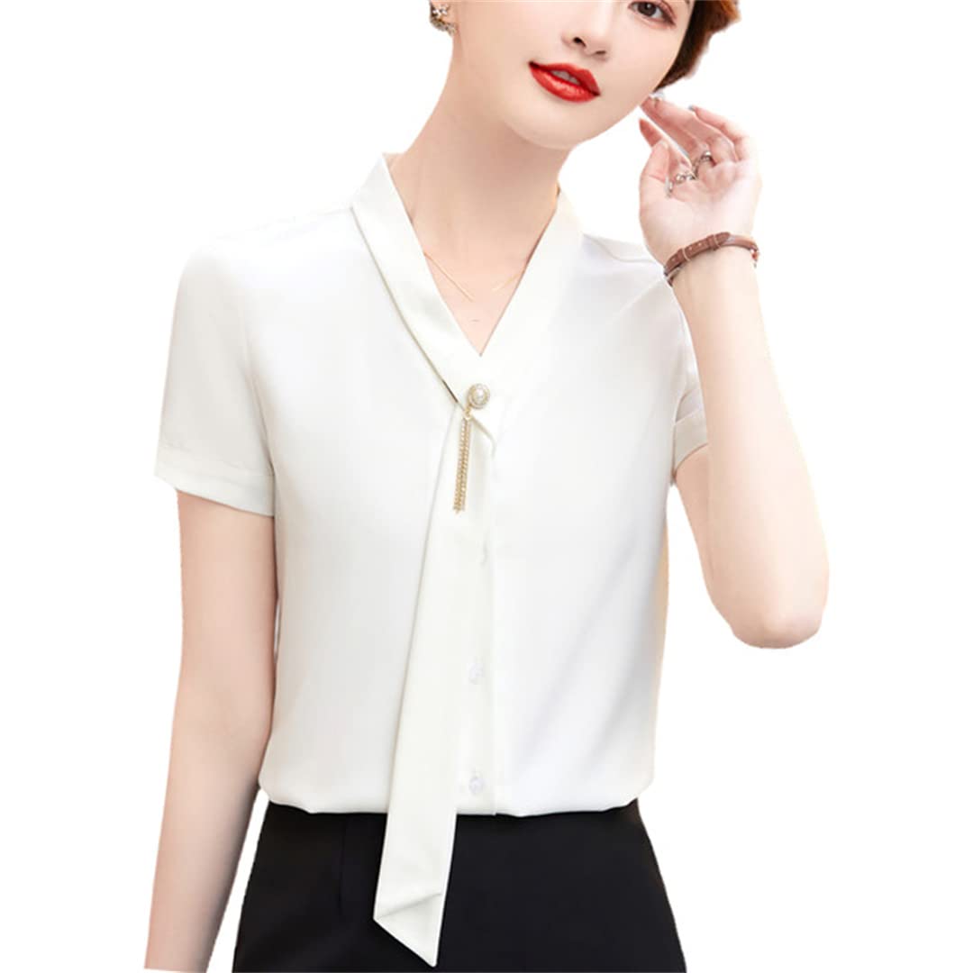 Blusas Casuales Formales Delgadas de Verano Camisa con Botones para Mujer Blusa de Negocios con Cuello en V de Manga Corta