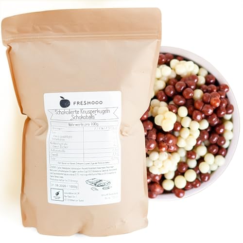 freshooo® schokolierte Knusperkugeln | 1,0 kg | Schoko-Crispies | Schokoballs | vollmilch und weiße Schoki | ökologisch-nachhaltig abgepackt