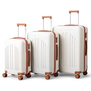 LALAHO Kofferset 3 teilig Hartschale, Reisekoffer mit Rollen Groß, Koffer Set 3 Stück aus ABS, Handgepäck Koffer, Beige-Braun