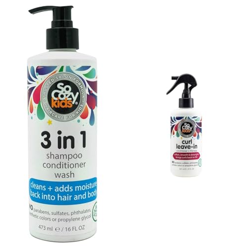 SoCozy 3in1 Shampoo + Conditioner + Body Wash For Kids Hair Cleans and Adds Moisture Back, Kiwi & Leave In Conditioner Spray – Paraben-Free Detangler for Kids’ Curly Hair – Deep Conditioner