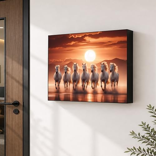 Image of Electric MCB Box Cover Frame With Hydraulic Decorative Painting White 7 Running Horse Painting Electrical Panel box Cover, Switch Box Frame Will Fit Max 10x14 inch Switch Board, Outer Size 13X17 Inch