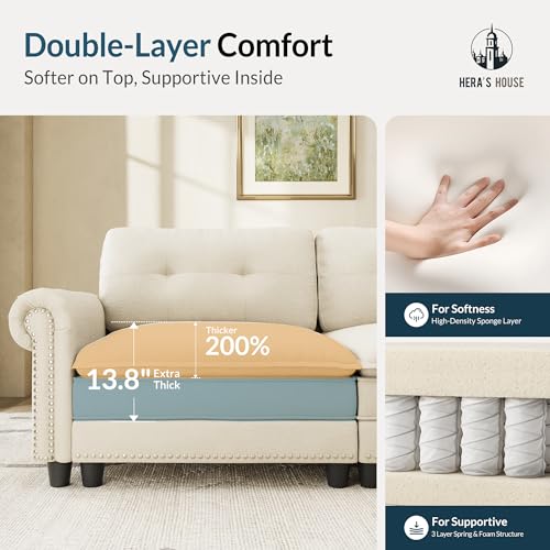 Image of HERA'S HOUSE Modular Sectional Sofa Set for Living Room 2-Piece Deep Seats | Mid-Century Modern 5-Seater Cloud Sofa Set, Cyan, Rolled Arms & Nailhead Trim, Wider & Deeper Seats, Chenille Furniture Set