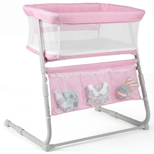 Cowiewie Bassinet Bedside Sleeper Baby Bassinet Slides Over Bed 5-Position Height Adjustment & Breathable All-Mesh Wall Bedside Bassinet for Baby Space-Saving Bedside Crib Height(37.4-41.3) (Pink)