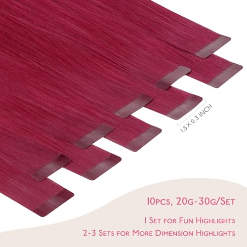 Image of Wennalife Burgundy Red Tape in Hair Extensions, 10pcs 25g 18 inch Remy Invisible Tape Ins Straight Colored Soft Real Human Hair Tape in Extensions Refill Set Extensions