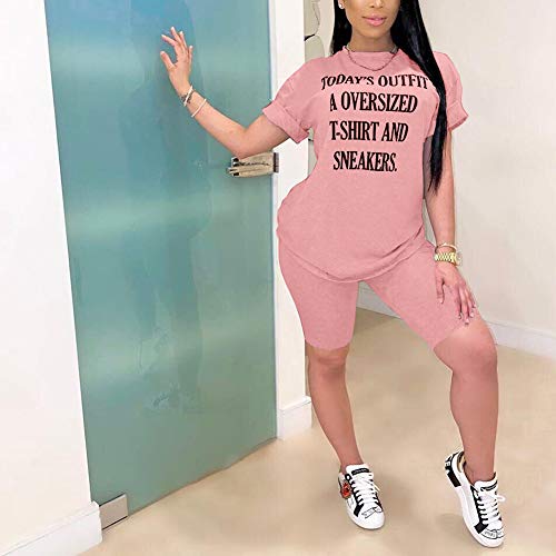 Women's 2 Piece Outfits Romper Letter Print T-Shirts Bodycon Shorts Tracksuit Set Workout Jumpsuits Clubwear Plus Size Pink 3Xl #TOP4