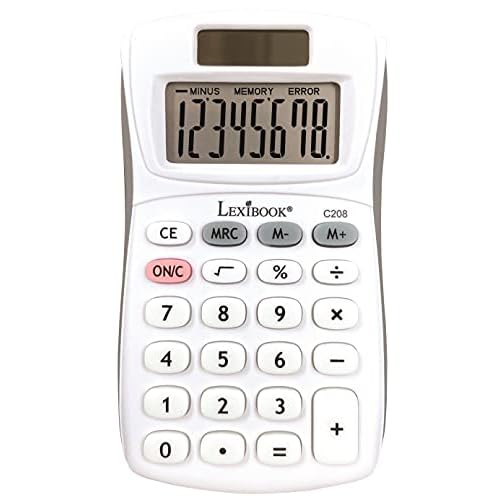 Lexibook, 8 Digit Pocket Calculator, Basic and Memory Function, Soft Silicone Keys for Office, School, Home, Solar & Batteries, White/Grey, C208