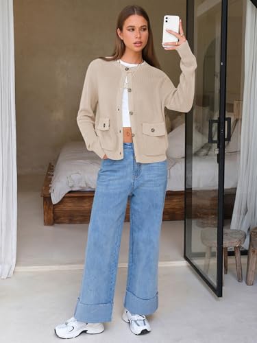 EXLURA Women's 2025 Knit Cardigan Sweaters Early Fall Fashion Long Sleeve Open Front Button Down Trendy Casual Cropped Jacket Beige — view 3