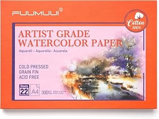 Fuumuui 100% Cotton Watercolour Paper- Upgraded Version, 22 Sheets A4 Cold Pressed Watercolour Paper Block - 140LB/300GSM Art Paper for Watercolour Gouache Ink