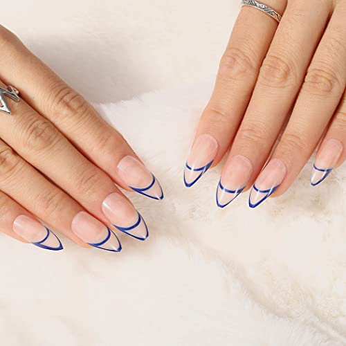 Aksod Glossy Almond Press On Nails Blue Line Medium Fake Nails Designed Oval Geometric French Nails Tips Cute Ballerina Full Cover Acrylic Aritficial False Nails Sets For Women And Girls 24Pcs (B) #TOP3