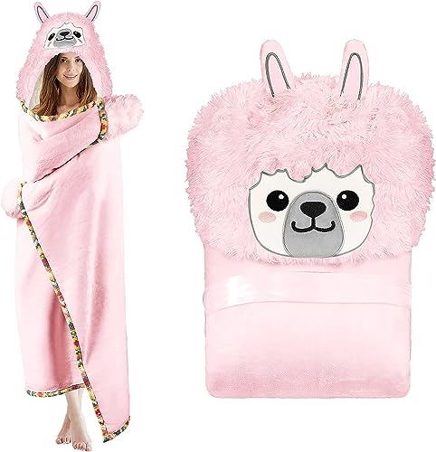 iyoimono Rosa Lama Alpaka Tragbare Decke Lama Alpaka Geschenke Sofadecke Kuscheldecke Lama Alpaca Wearable Hooded Blanket Geschenke für Frauen Erwachsene Mädchen und Kinder 152 * 125cm