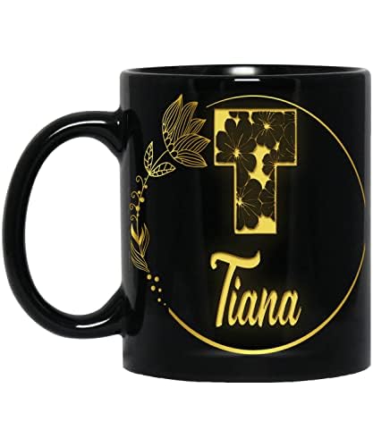 Coffee Mug Personalized Tiana Name & Initial Letter Monogram Floral Alphabet Mug Golden Flowers Custom Black Coffee Cup, Gift for Her Mom Coworker Sister, Wife, Girl 11oz Black Mug 202571 495607