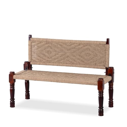 Image of Srima Wooden Bench for Living Room | Handcrafted Sheesham Wood Backrest Bench for Balcony & Garden | Traditional Rajasthani Patio for Outdoor with Jute Handwoven Rope | Jute