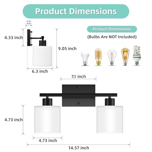 Image of SILAMPDI 2-Light Bathroom Lighting Fixtures, Black Modern Vanity Lights Wall Lamp with Milky White Glass Shades for Mirror Kitchen Living Room Hallway Cabinet Porch, Bulbs Not Included