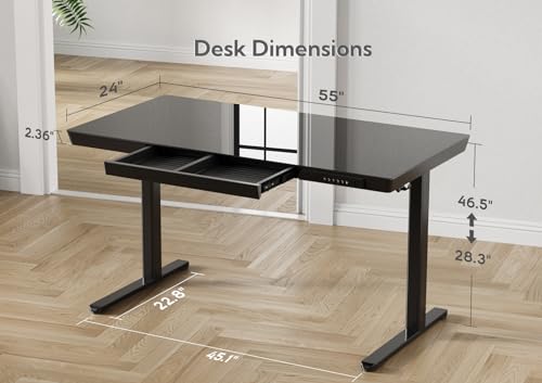 Image of Claiks Glass Standing Desk with Drawers & USB Ports 55x24 Inch, Black