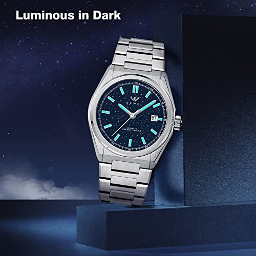 Image of Automatic Mechanical Wrist Watch for Men with Star Dust Dial, Fashion Self-Winding Watches for Men Stainless Steel Waterproof Luminous Sapphire Crystal Mens Watches with Auto Date (Silver)