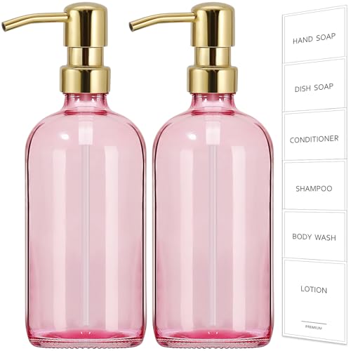 GMISUN Pink Soap Dispenser Bathroom 2 Pack Kitchen Hand and Dish Soap Dispensers Set 17 Fl Oz Pink Glass Soap Dispenser with Gold Pump Refillable Modern Farmhouse Liquid Soap Pump Bottles