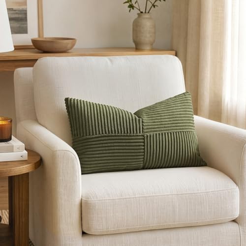 Image of MIULEE Olive Green Decorative Lumbar Throw Pillow Covers 12x20 Inch for Couch Bed Sofa Pack of 2 Boho Farmhouse Throw Pillows Soft Cross Corduroy Patchwork Textured Cushion Cases