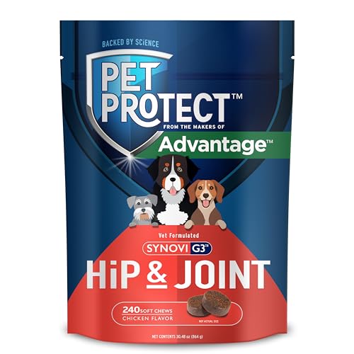 Pet Protect Dog Hip & Joint Supplement for Occasional Joint Stiffness Vet-Formulated Synovi G3 Dog Glucosamine Chicken-Flavored Soft Chews (240 Count)