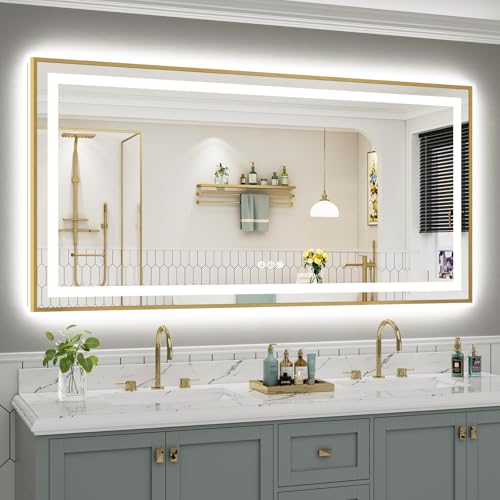 72x36 Inch LED Bathroom Mirror with Gold Frame, Backlit &