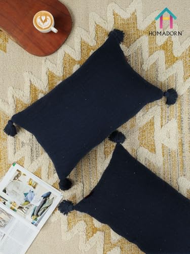 Image of HOMADORN Luxury Cotton Handmade Decorative Boho Throw Pillow Covers with Tassels for Sofa Couch Living Room Indoor Outdoor Chair Car Farmhouse (12X20 INCHES (Rectangle), Navy (Pack of 2))