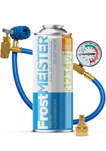 FrostMEISTER 2 en 1 – Kit de recarga de aire acondicionado para coche de 400 ml, incluye manguera con manómetro y adaptador, reemplazo rápido y fácil para el refrigerante R1234yf (a partir de 2017)