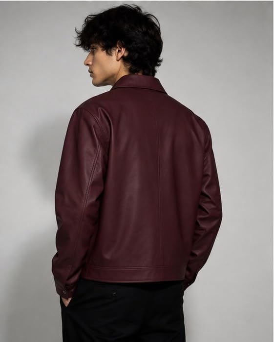 Image of Men's Burgundy Faux Leather Jacket - Classic Zip-Up Bomber Jacket with Shirt Collar, Long Sleeves & Modern Slim Fit