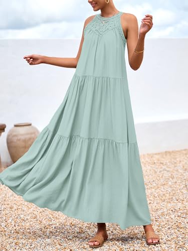 Image of BTFBM Halter Summer Dresses for Women 2026 Casual Spring Hollow Out Sleeveless Boho Sundresses Beach Vacation Maxi Dress
