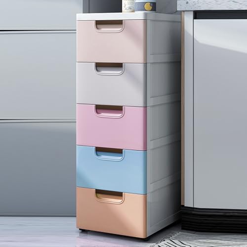 5 Drawer Stackable Storage Tower,Plastic Drawers Dresser,Narrow Rolling Storage Cabinet for Livingroom Bedroom,Colored