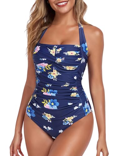 Image of Smismivo Tummy Control Swimwear Halter One Piece Slimming Vintage Retro Swimsuit Womens Ruched Push Up Bathing Suit