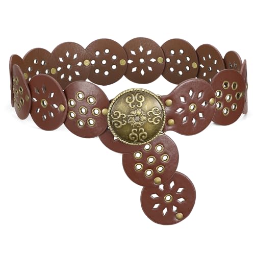 SANSTHS Vintage Disc Western Belts for Women Wide Boho Concho Country Cowgirl Belts for Dress Jeans Brown S