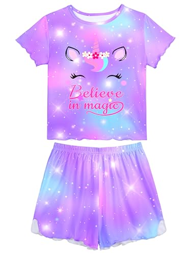 MHJY Girls Pajama Sets Ruffled Sleepwear Casual Short Sleeve Shirt and Shorts 2pcs Summer Pjs Set for Kids