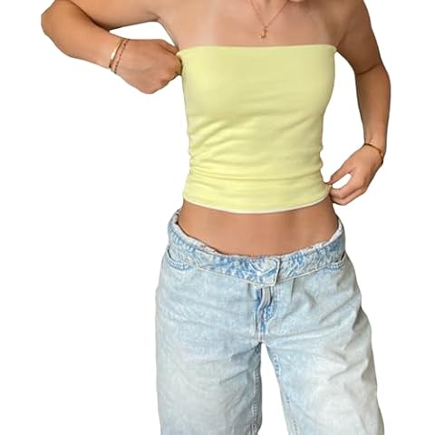 Fanvereka Women Solid Color/Stripe Tube Tops Y2K Simple Stretchy Strapless Crop Tops Summer Bandeau Tops for Underwear/Club (Yellow, M) Cover
