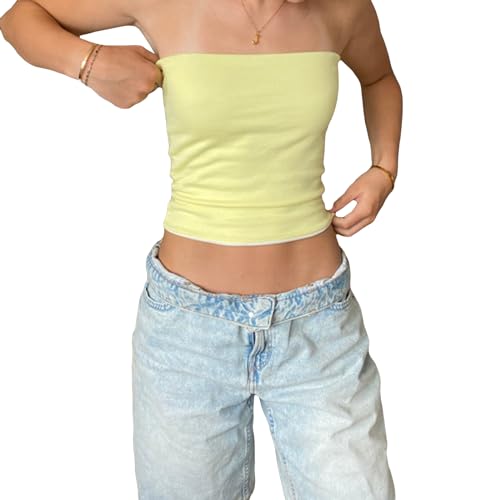 Camiseta sin mangas sexy para mujer, con estampado de rayas, sin tirantes, corte entallado, para verano, estilo bandeau, para salir y salir, A-amarillo, L