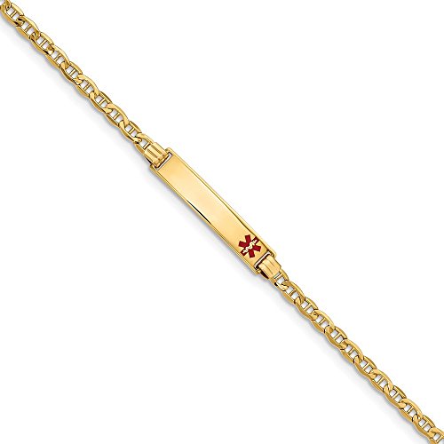 14k Yellow Gold RN Registered Nurse Caduceus Symbol Medical Red Enamel ID Emergency Alert Bracelet Engravable Identification Name Bar Tag - with Secure Lobster Lock Clasp 7\" (Width = 5mm)
