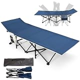 Warmiehomy Outdoor Single Camp Beds for Adults with Side Pocket, Lightweight Portable Tent Cot with Carry Bag, 600Lbs Load Capacity, Oversized Folding Sleeping Beds for Travel, Fishing, Hiking, Navy