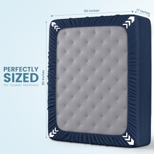 Image of Queen Size Mattress Protector Waterproof, Premium 200 GSM Terry Mattress Cover, Soft & Breathable Bed Cover, Fitted Sheet Style Stretchable Deep Pockets 17 inch by Utopia Bedding (Navy Blue)