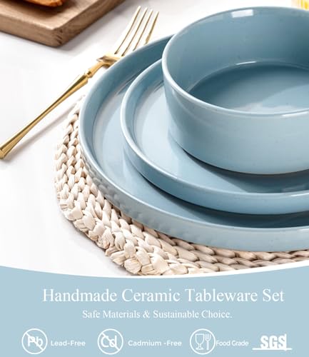 Image of AmorArc Ceramic Dinnerware Set for 4 | Speckled Stoneware Plates and Bowls with unglazed terracotta | Scratch Resistant, Dishwasher & Microwave Safe Dishes Sets- 12-Pcs Blue