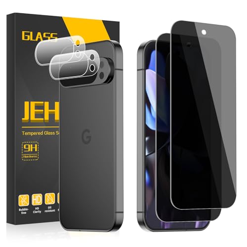 JEHOO [2+2 Pack] 2 Packs Privacy Tempered Glass Screen Protector for Google Pixel 9 Pro with 2 Pack Camera Lens Protector Support Fingerprint Unclock 9H Hardness