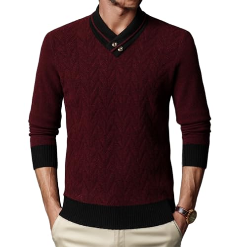 100% Wool Men's V-Neck Warm Sweater Jacquard Casual Plain Knit Sweater
